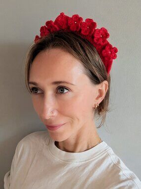 Artisan Handmade Crochet Floral Crown Headband - Scarlet Red
